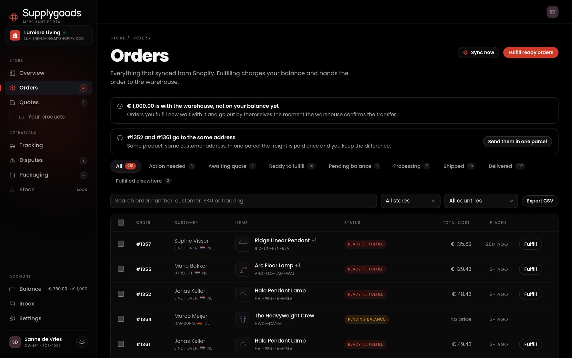 The orders list