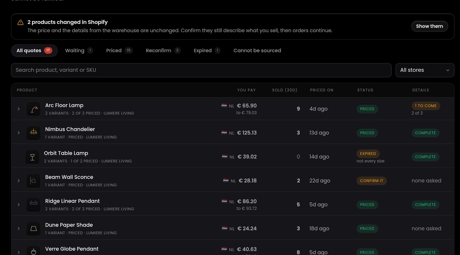 Prices from the warehouse